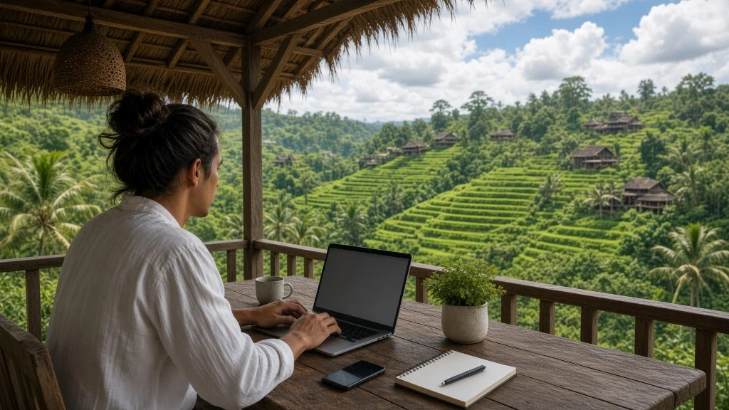 A remote professional working above a coastal valley, representing a Tax-Free Setup